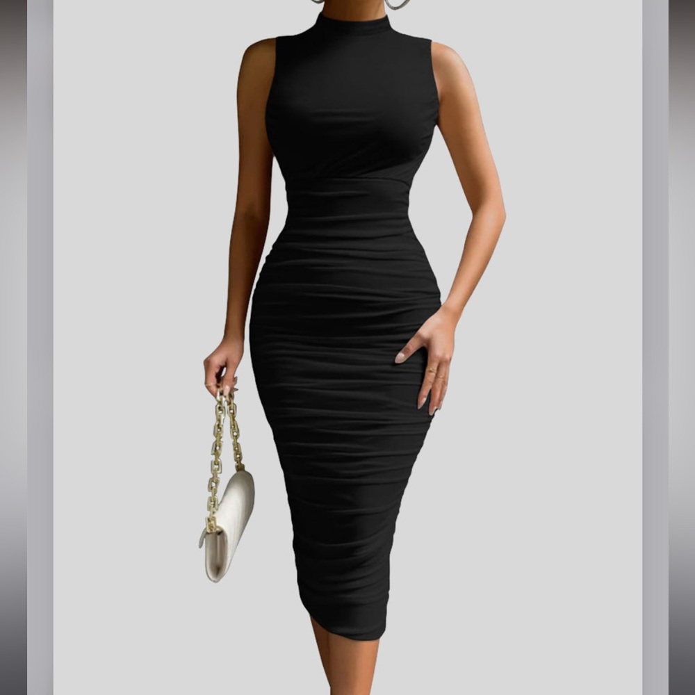 OQQ black bodycon cinched ruched mock neck sleeveless midi dress
